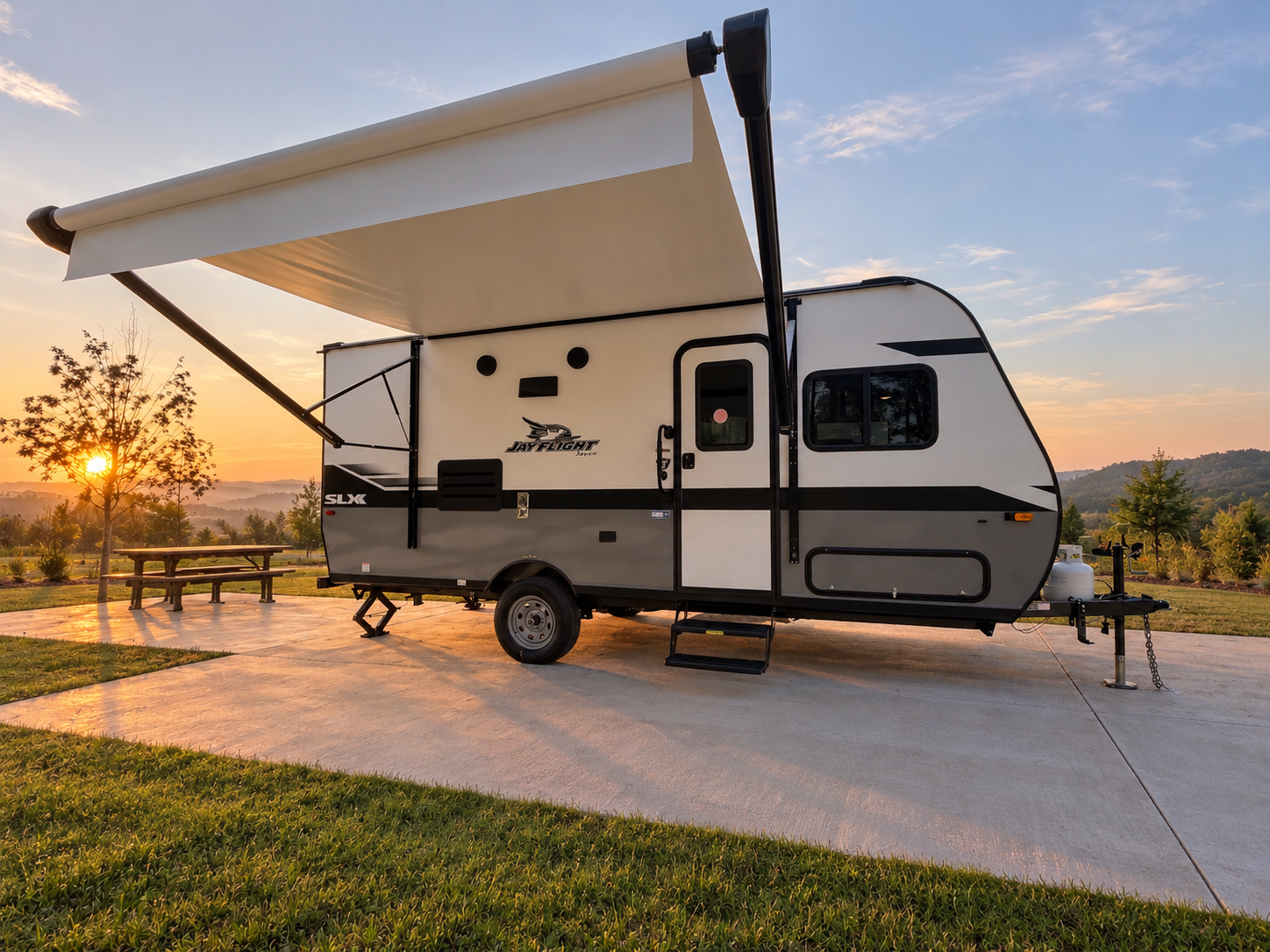 A travel trailer set up and ready for a relaxing stay